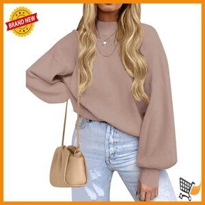 Oversized Ribbed Knit Pullover Sweater with Lantern Sleeves